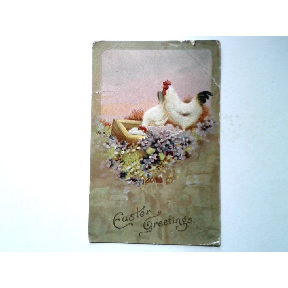 Vintage Easter Greetings Postcard Chickens Eggs Flowers Georgia Postmark 1914